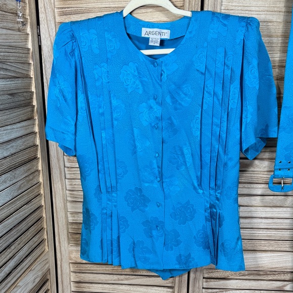 Argenti Women's Blue Floral Skirt Suit Outfit 2 Pc 100% Silk Size 16 - Picture 2 of 14